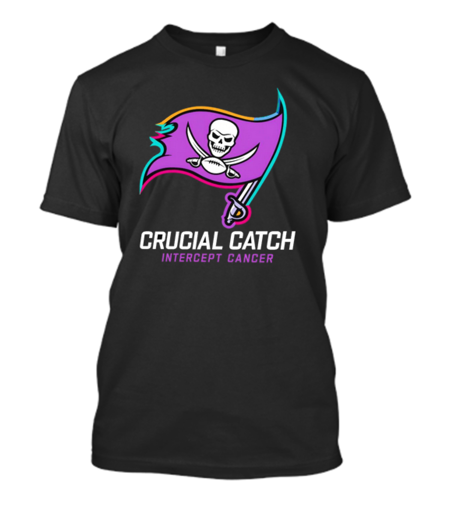 Tampa Bay Buccaneers 2024 Crucial Catch Intercept Cancer Logo Flag Skull Sword T-Shirt
