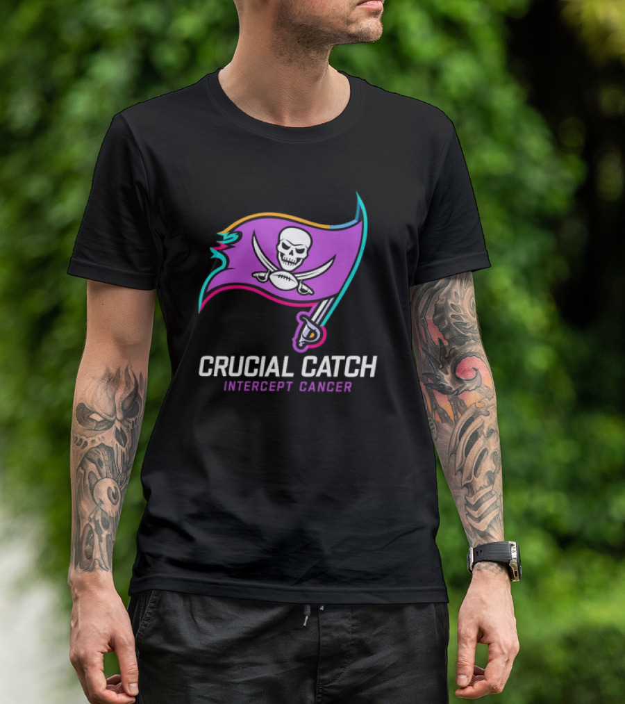 Tampa Bay Buccaneers 2024 Crucial Catch Intercept Cancer Logo Flag Skull Sword T-Shirt