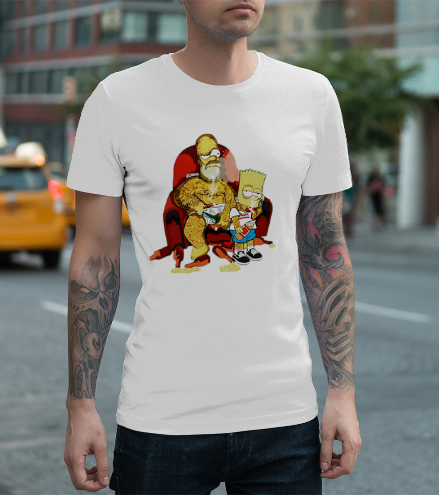 Homer Simpson Bart Simpson Gangster Smoking Money Sitting Chair T-Shirt