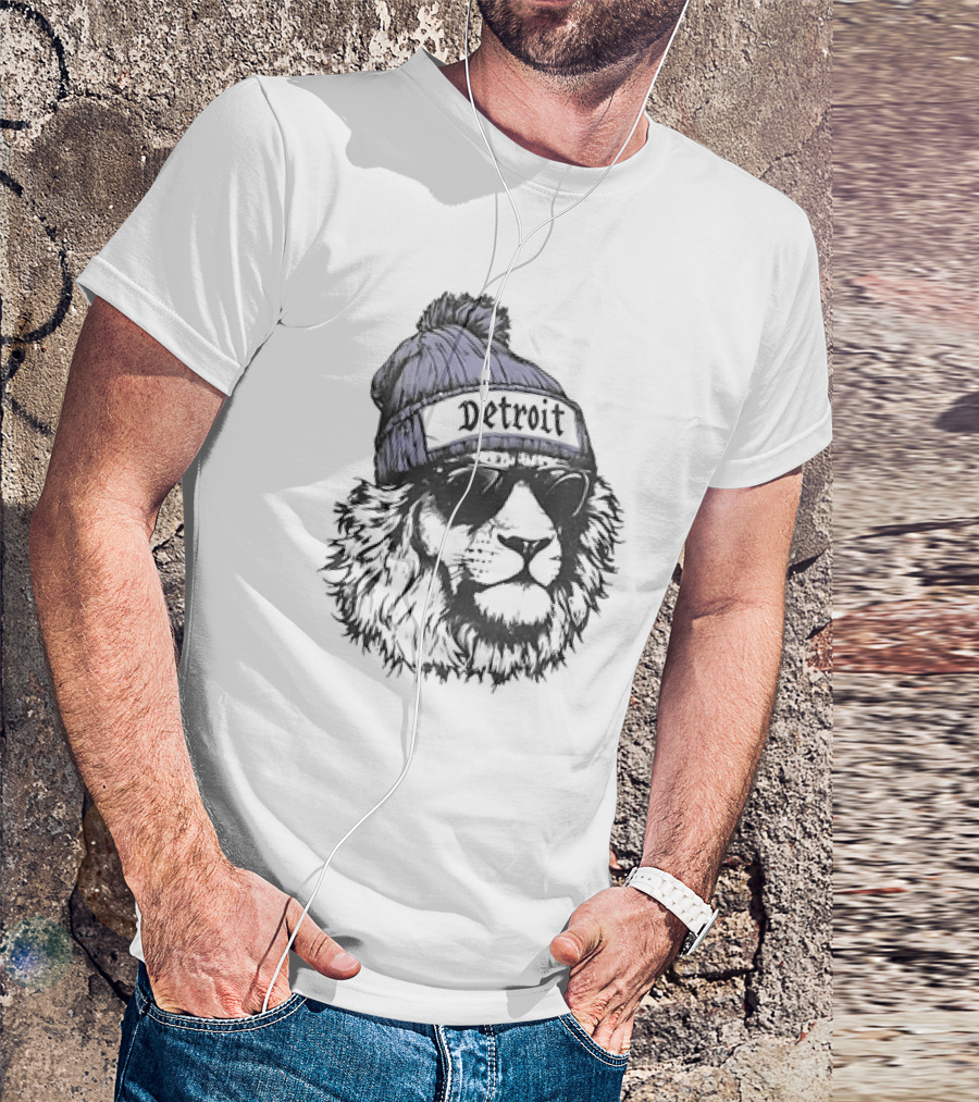 Detroit Lion Wearing Sunglasses And Beanie T-Shirt