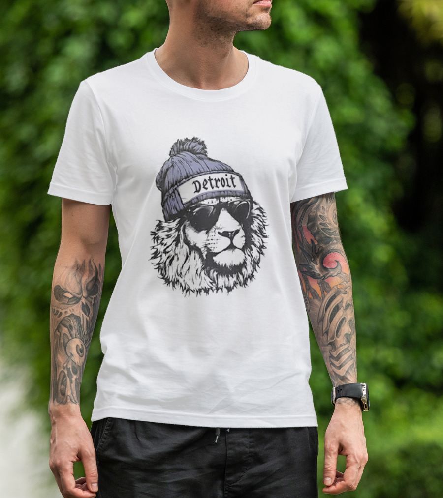 Detroit Lion Wearing Sunglasses And Beanie T-Shirt