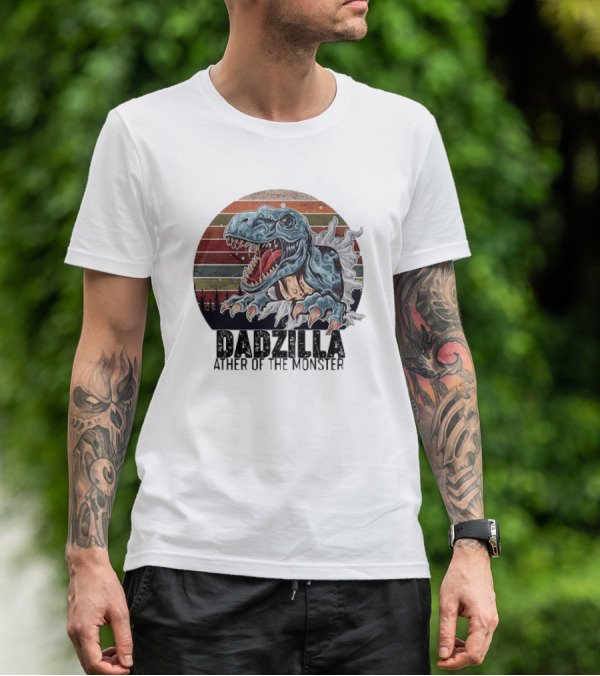 Dadzilla Ather Of The Monster Vintage Dinosaur Retro Stripes T-Shirt