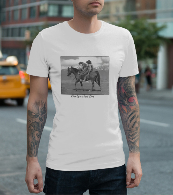 Montana Designated Dri Horseback Rider Cowboy And Dog Scenic Background T-Shirt