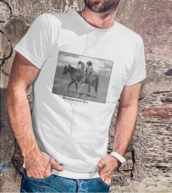 Montana Designated Dri Horseback Rider Cowboy And Dog Scenic Background T-Shirt