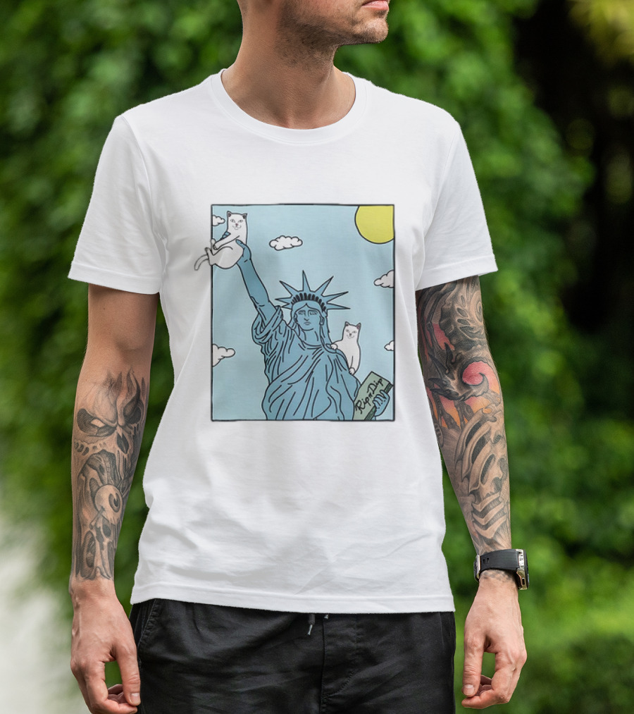 Statue Of Liberty With Cats And Rip N Dip Clouds T-Shirt