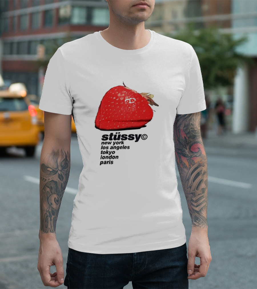 Stussy Strawberry Design New York Los Angeles Tokyo London Paris T-Shirt