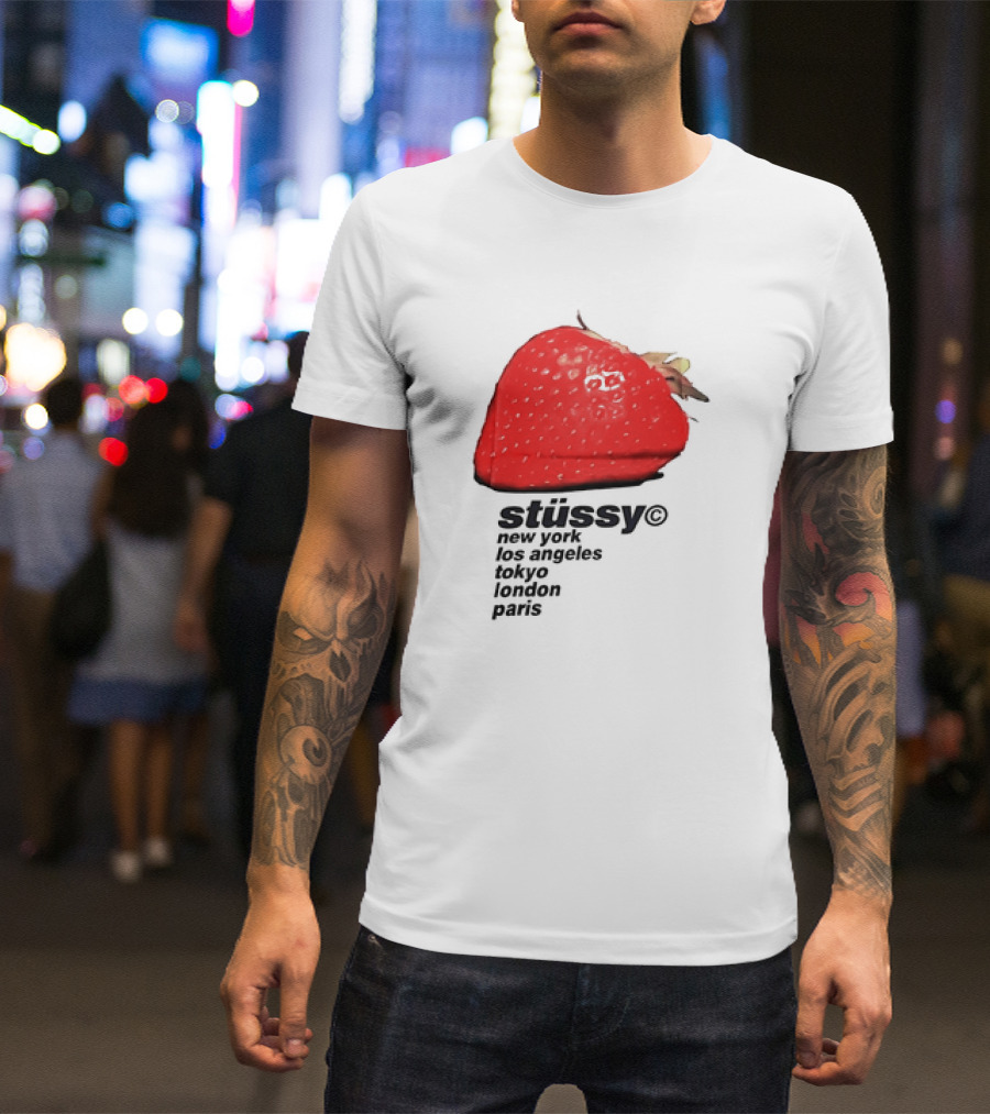 Stussy Strawberry Design New York Los Angeles Tokyo London Paris T-Shirt