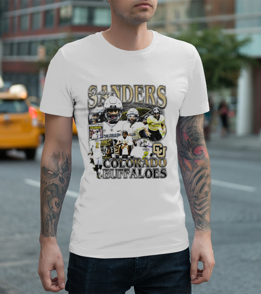 Sanders Colorado Buffaloes Football Collage with Athletic Imagery and Jersey Number 2 T-Shirt