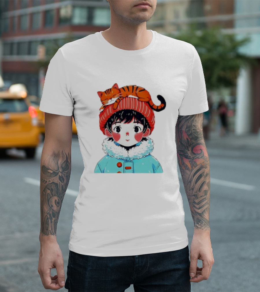 Cute Anime Child in Winter Coat with Adorable Cat Hat T-Shirt