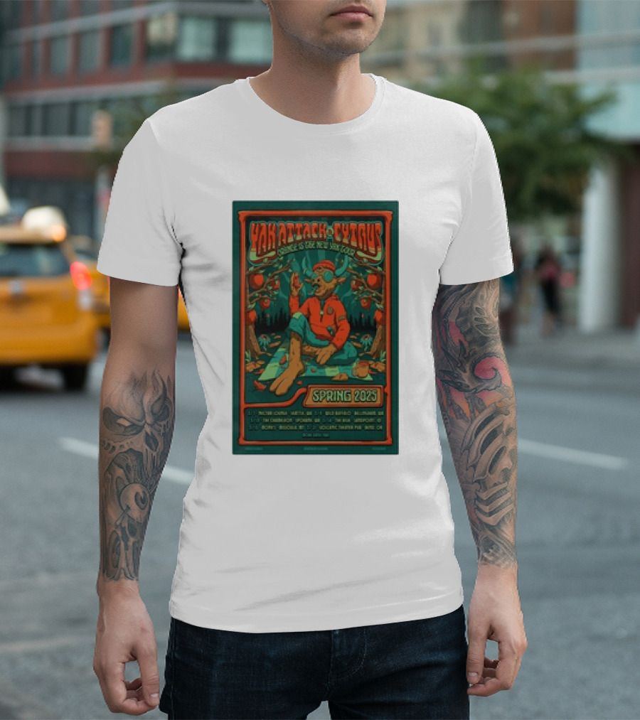 Yak Attack Cytrus Orange Is the New Yak Tour Spring 2025 Poster with Dates and Forest Scene T-Shirt