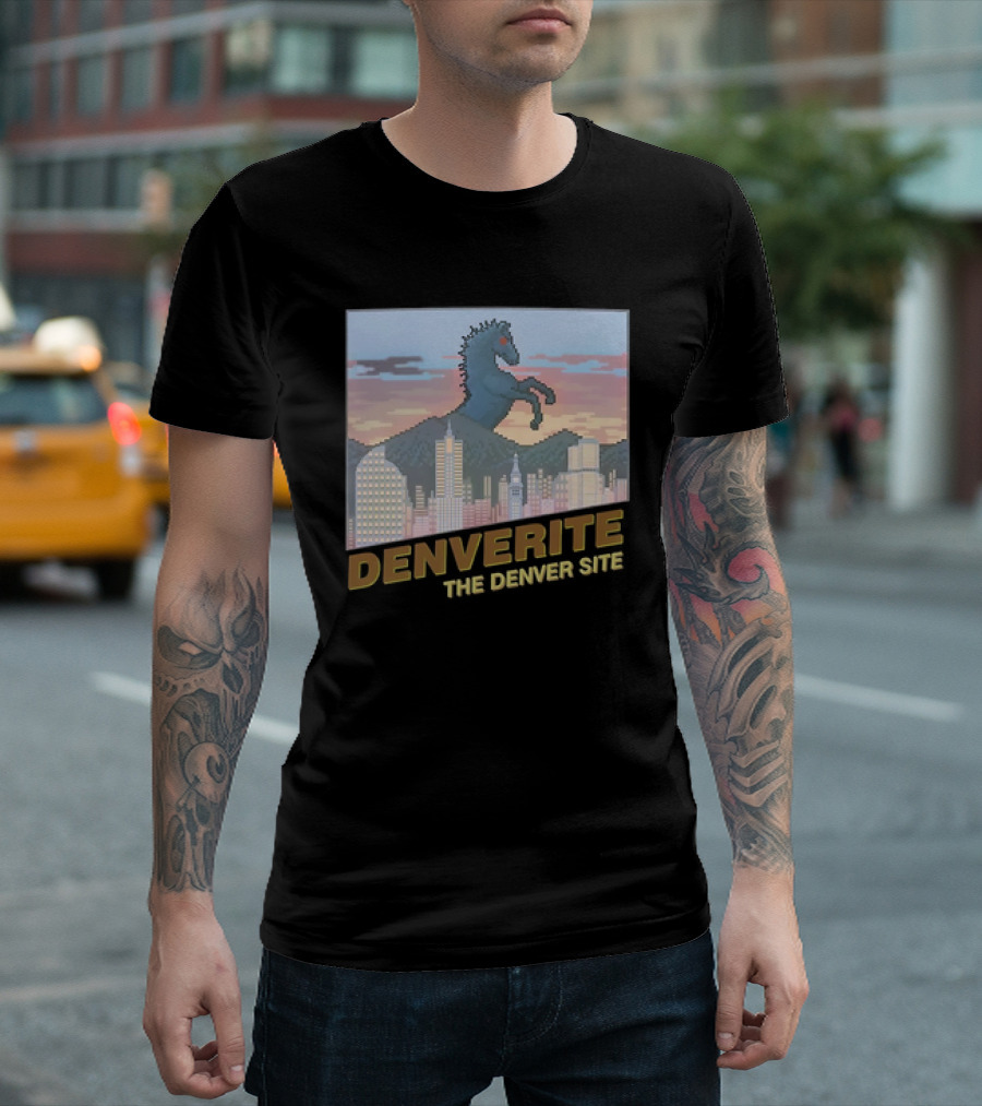 Denverite the Denver Site City Skyline and Rearing Blue Mustang T-Shirt