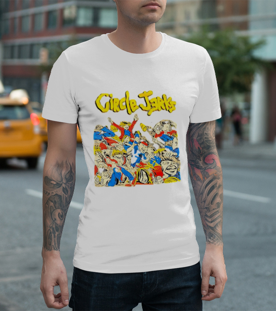 Circle Jerks Cartoon Energetic Crowd Scene with Vibrant Characters T-Shirt