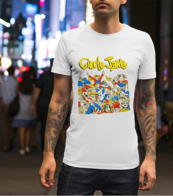 Circle Jerks Cartoon Energetic Crowd Scene With Vibrant Characters T-Shirt
