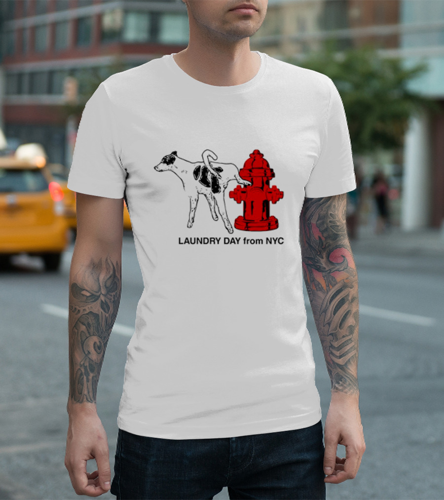 NYC Humorous Dog And Fire Hydrant Laundry Day Scene T-Shirt