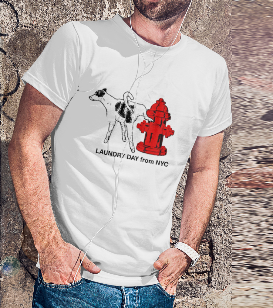 NYC Humorous Dog And Fire Hydrant Laundry Day Scene T-Shirt