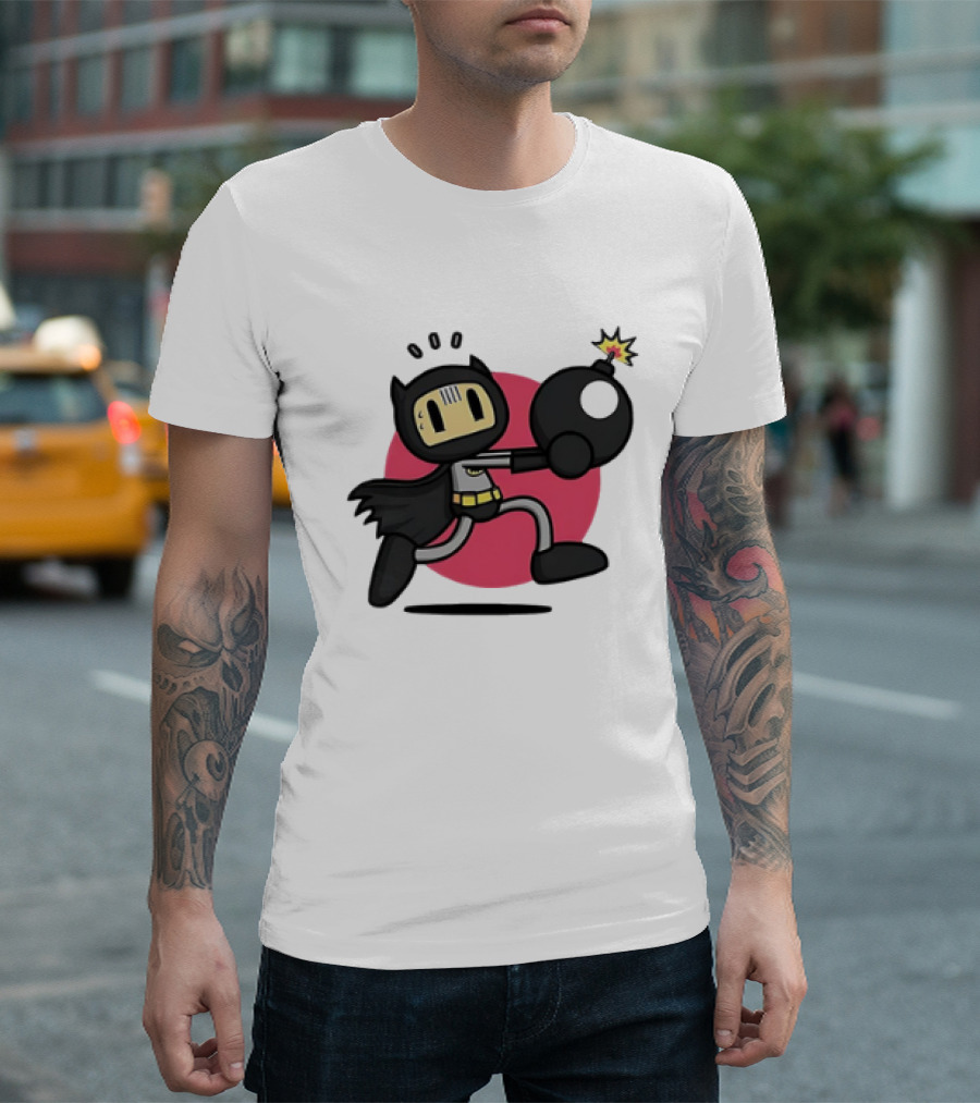 Batman Meets Bomberman Crossover With Iconic Superhero Cape And Explosive Action T-Shirt