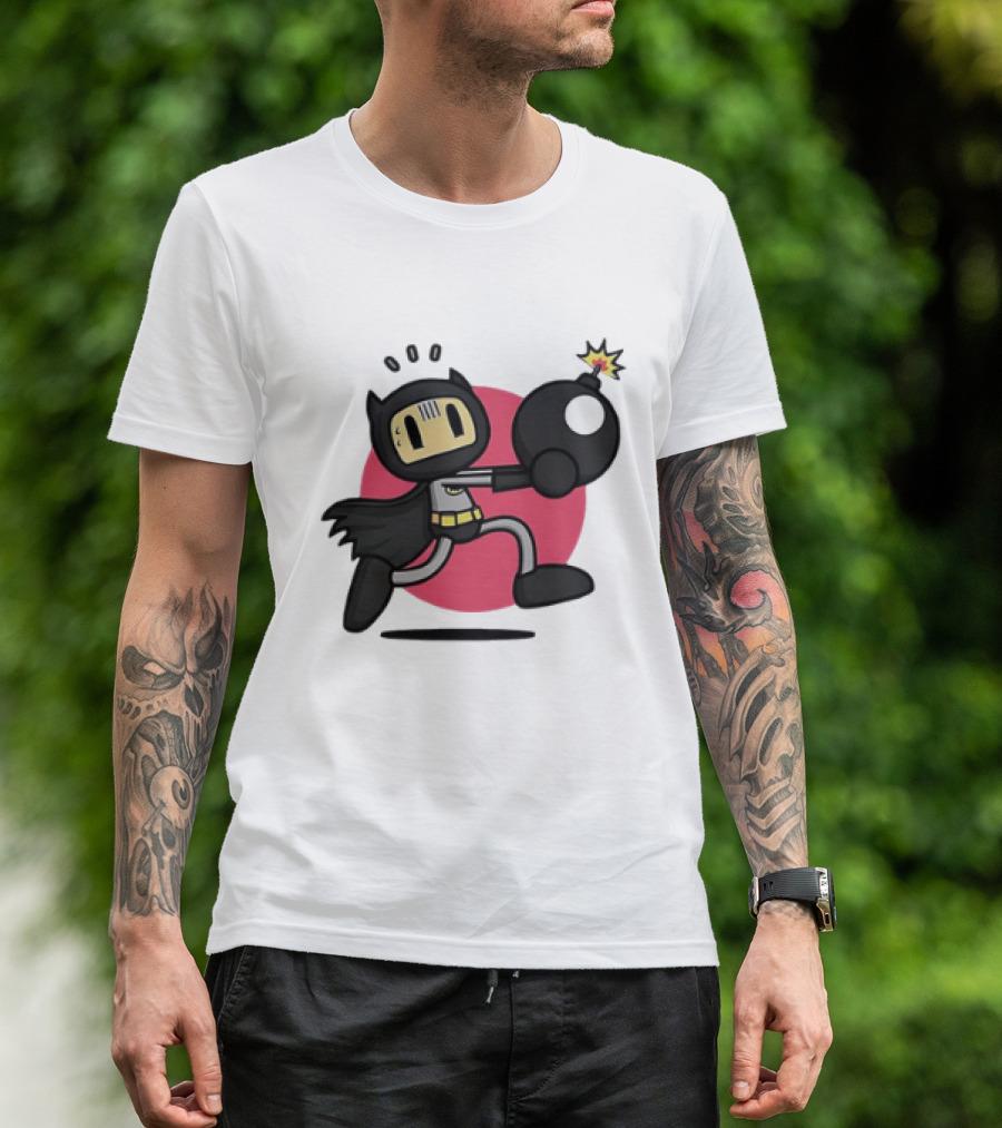 Batman Meets Bomberman Crossover With Iconic Superhero Cape And Explosive Action T-Shirt