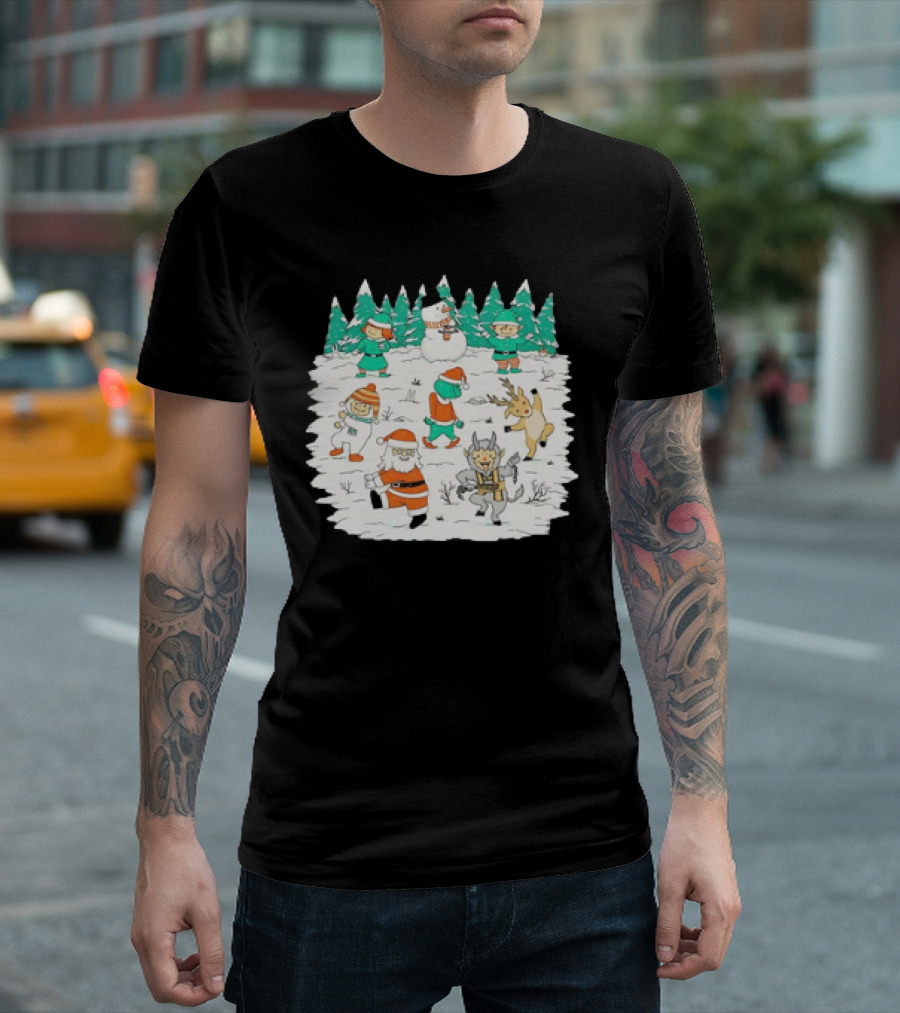 Christmas Dance Party with Santa, Krampus, Grinch, Snowman, and Reindeer in Winter Forest T-Shirt