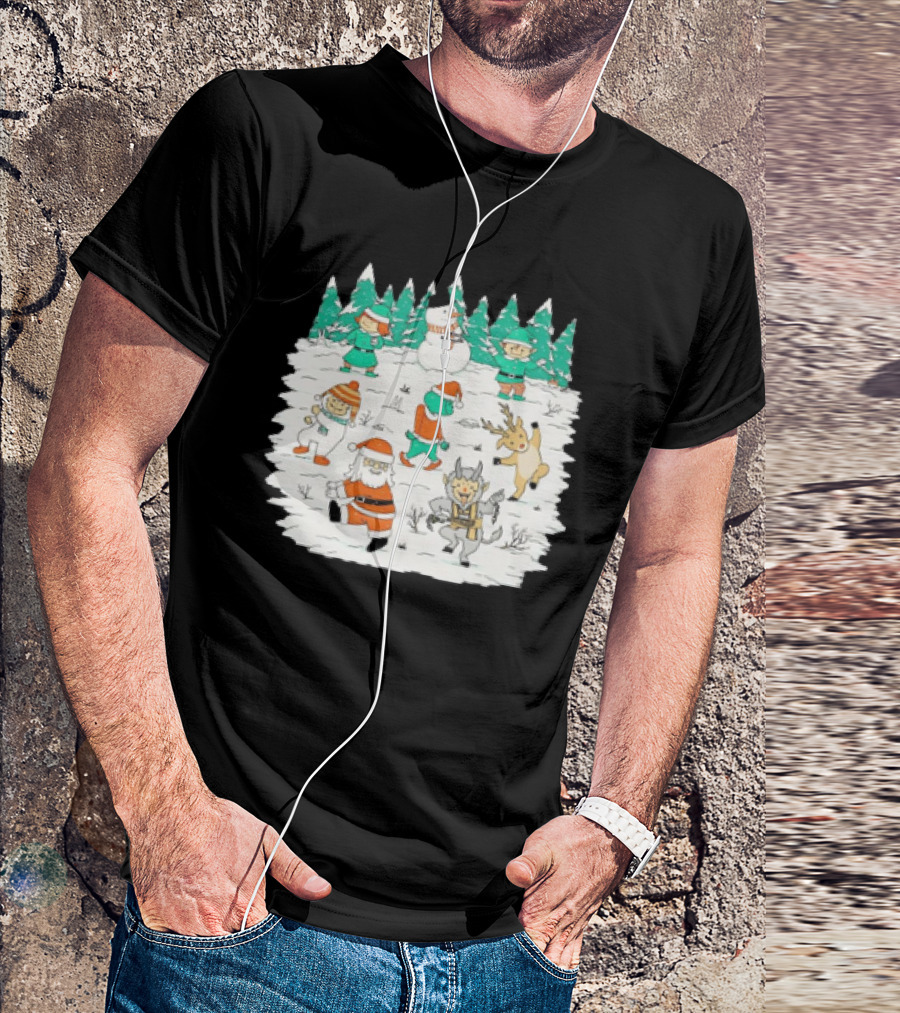 Christmas Dance Party With Santa, Krampus, Grinch, Snowman, And Reindeer In Winter Forest T-Shirt