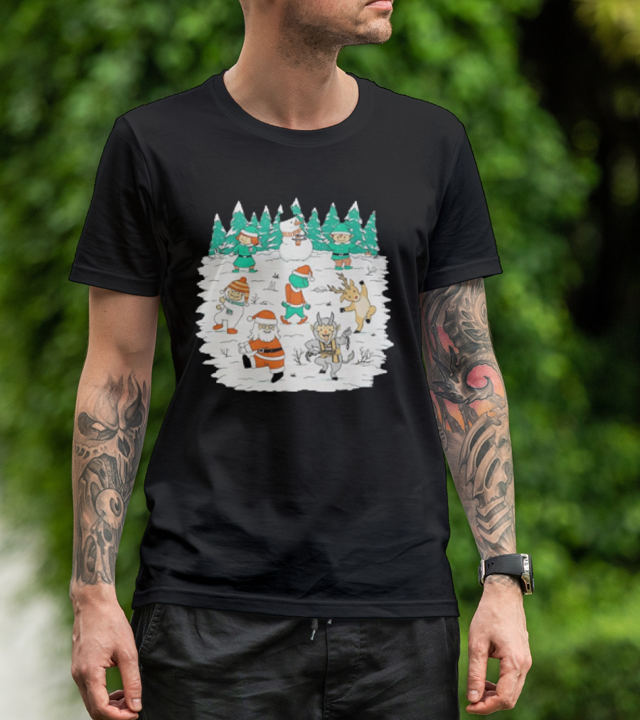 Christmas Dance Party With Santa, Krampus, Grinch, Snowman, And Reindeer In Winter Forest T-Shirt
