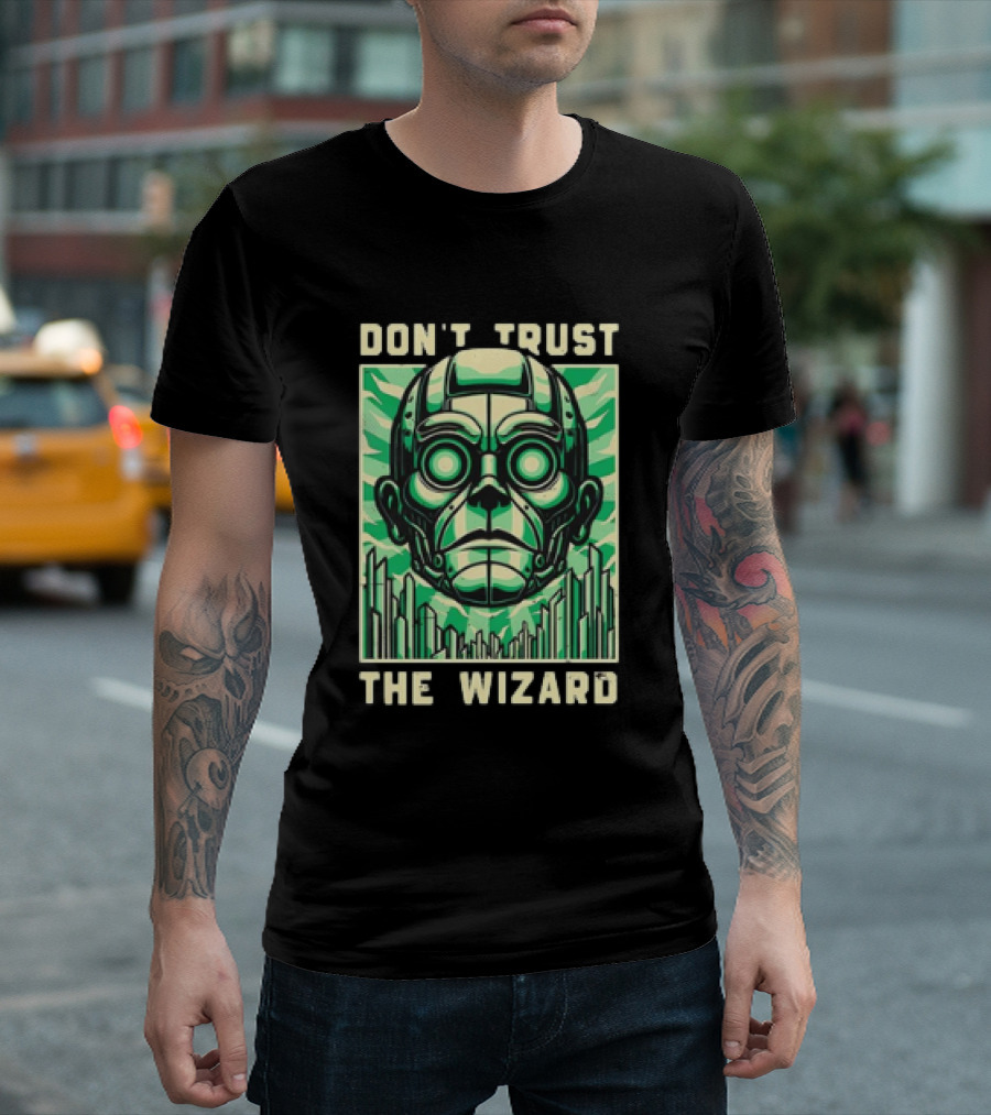 Don't Trust the Wizard Futuristic Metallic Face with Green Shards T-Shirt