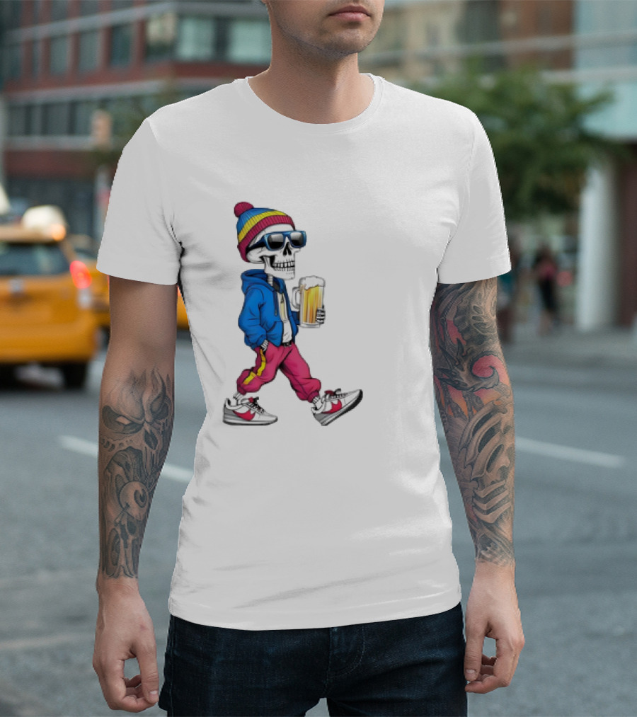 Skeleton Somewhere It's Beer Time Walking with a Mug T-Shirt