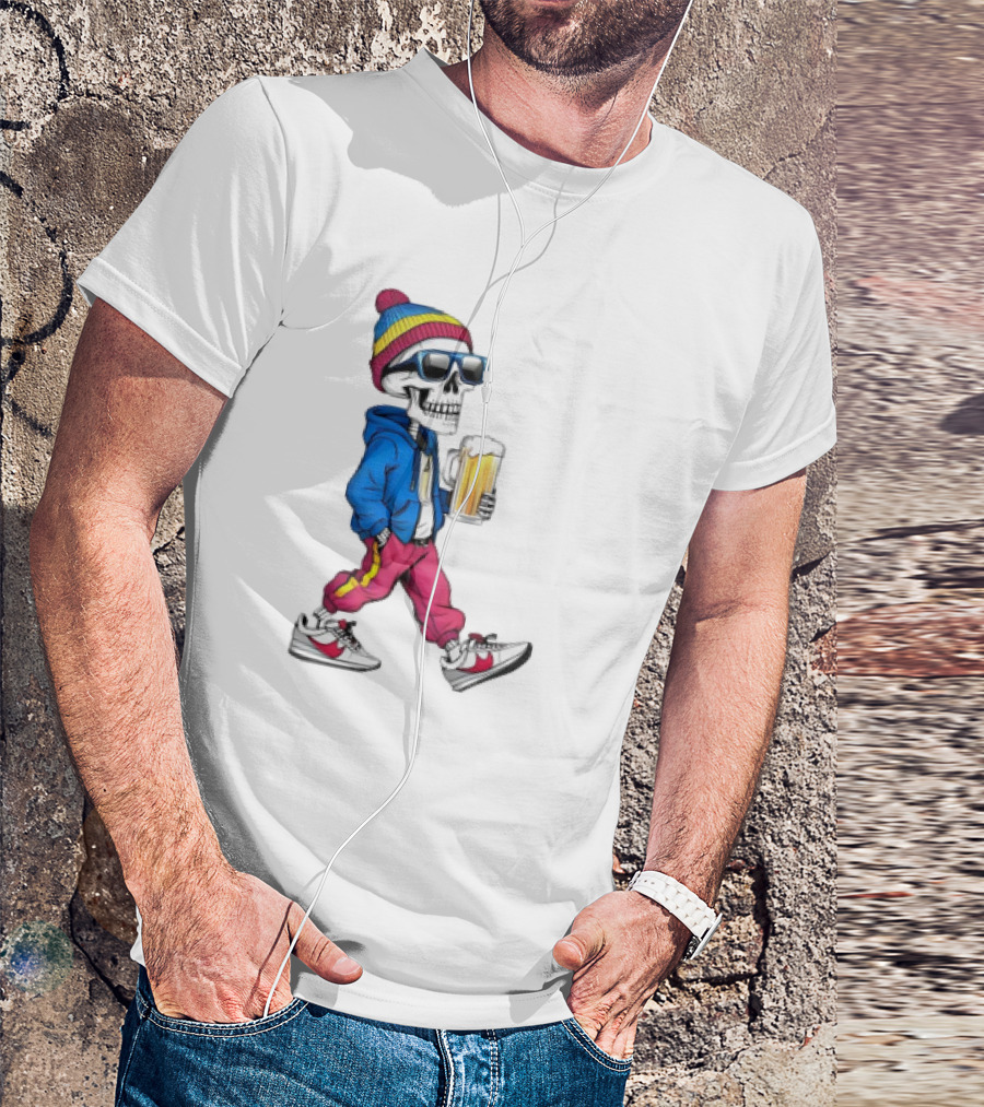 Skeleton Somewhere It's Beer Time Walking With A Mug T-Shirt