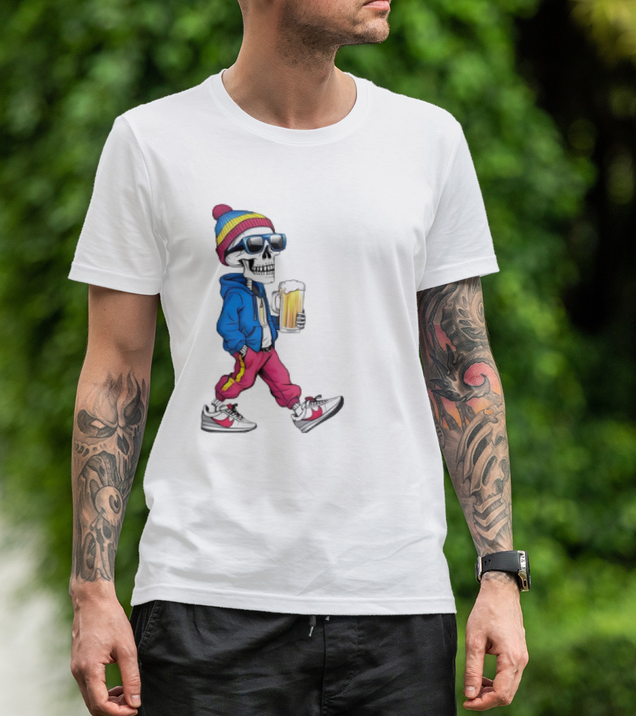 Skeleton Somewhere It's Beer Time Walking With A Mug T-Shirt