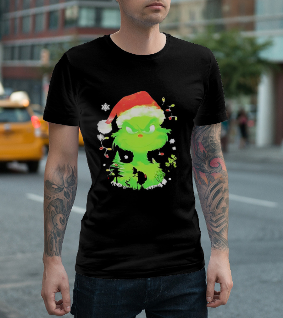 Grinch in Santa Hat Surrounded by Snowflakes and Christmas Lights T-Shirt