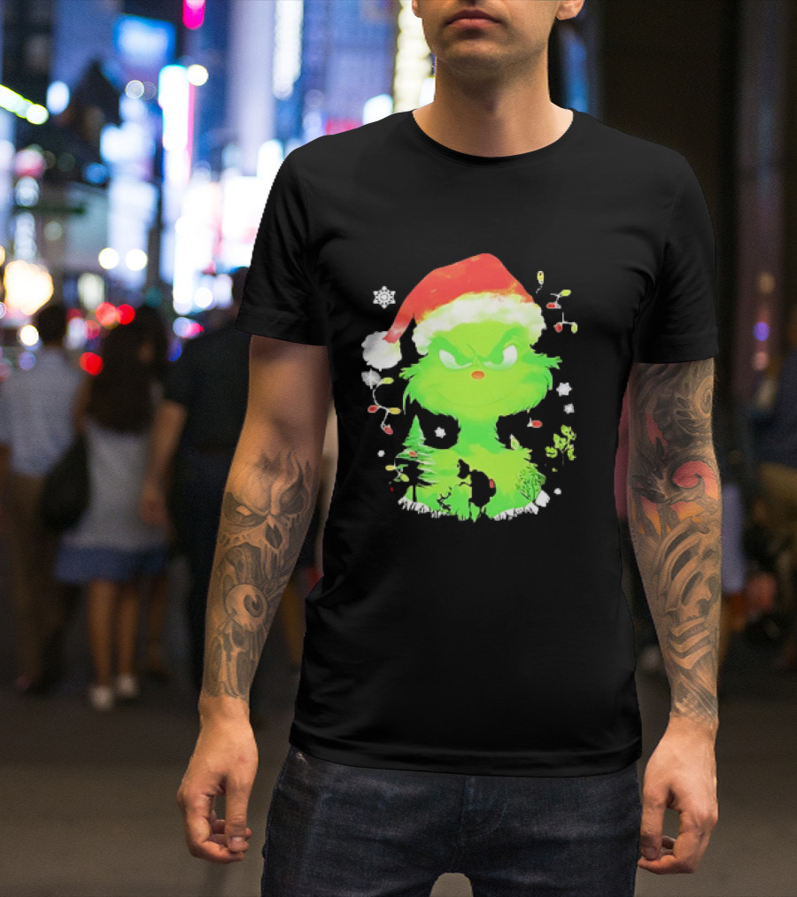 Grinch In Santa Hat Surrounded By Snowflakes And Christmas Lights T-Shirt
