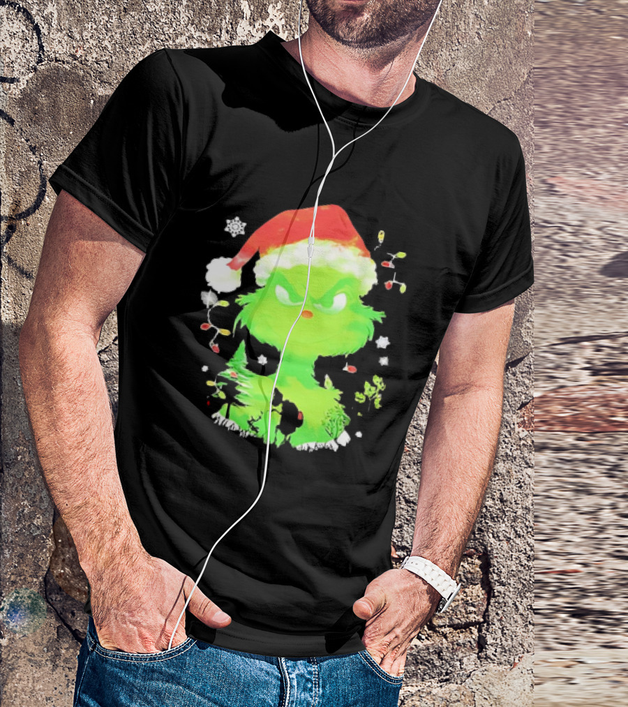 Grinch In Santa Hat Surrounded By Snowflakes And Christmas Lights T-Shirt