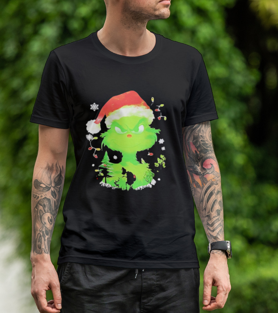 Grinch In Santa Hat Surrounded By Snowflakes And Christmas Lights T-Shirt