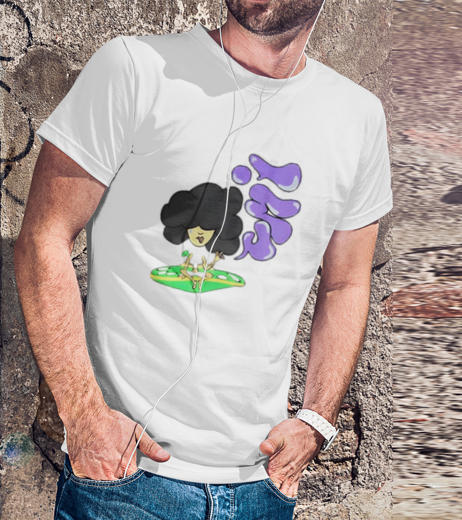 Umi Afro Character On Green UFO With Purple Bubble Letters T-Shirt