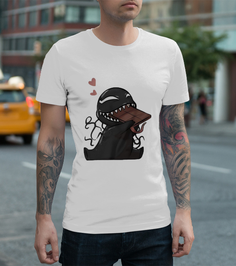 Venom Eating Chocolate Cartoon Meme with Hearts T-Shirt