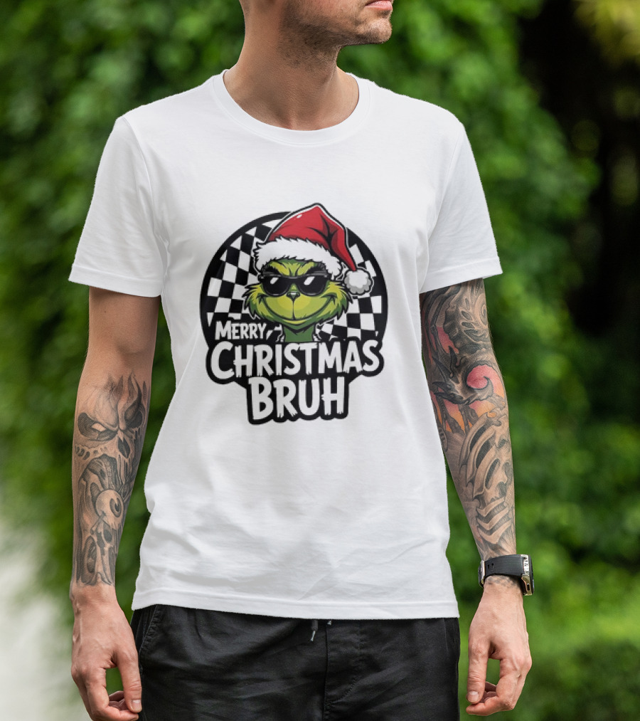 Merry Christmas Bruh Grinch With Santa Hat And Checkered Flags T-Shirt