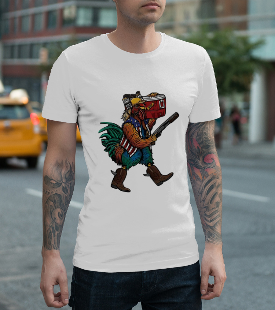 Merica Tacticock Chicken Patriotic Rooster With Beer Cooler And Shotgun T-Shirt