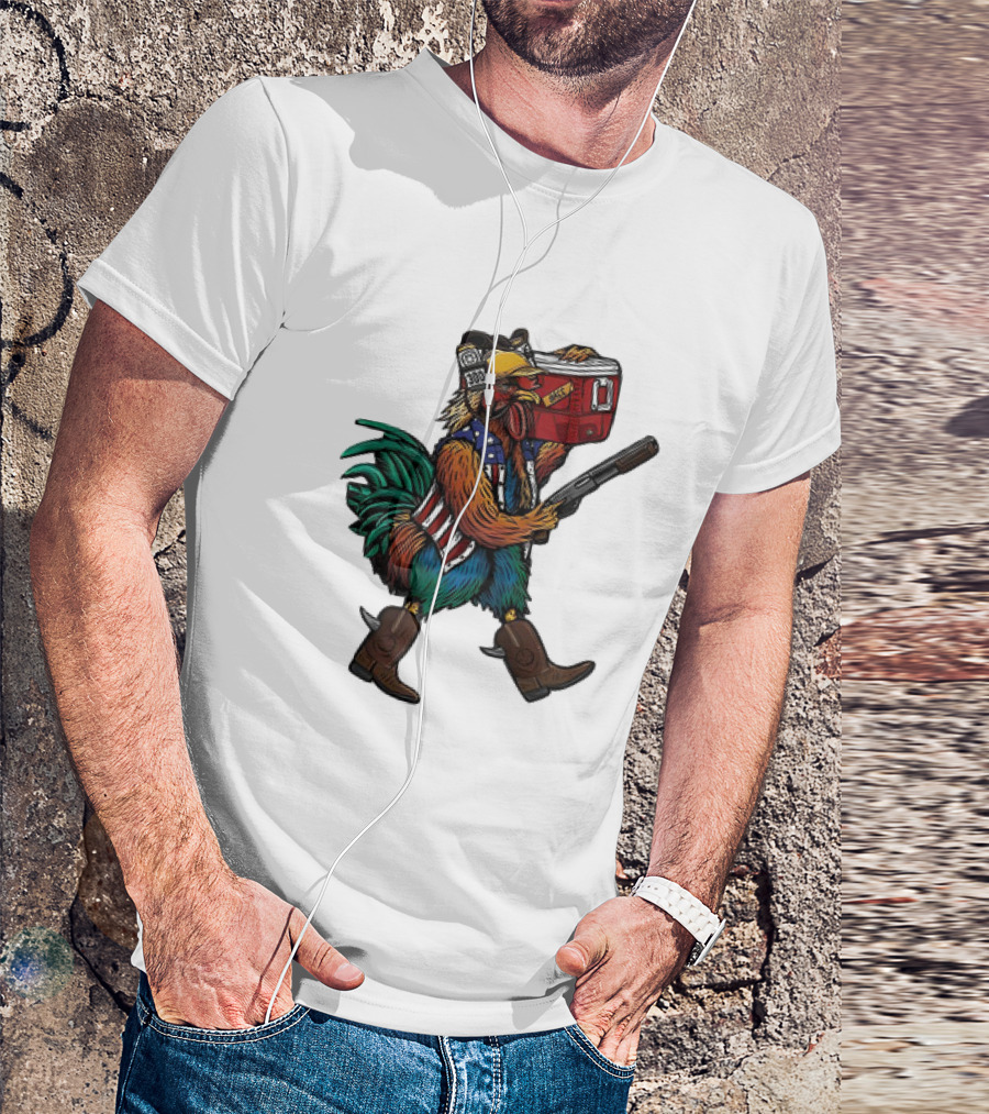Merica Tacticock Chicken Patriotic Rooster With Beer Cooler And Shotgun T-Shirt