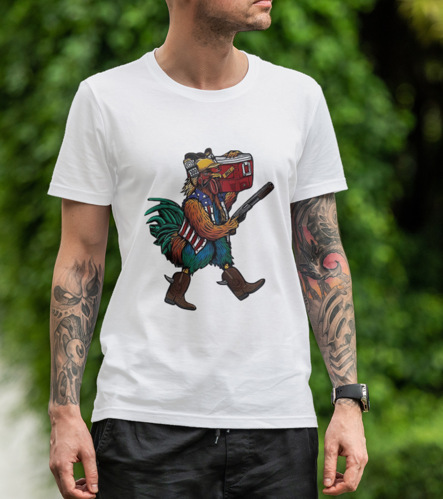 Merica Tacticock Chicken Patriotic Rooster With Beer Cooler And Shotgun T-Shirt