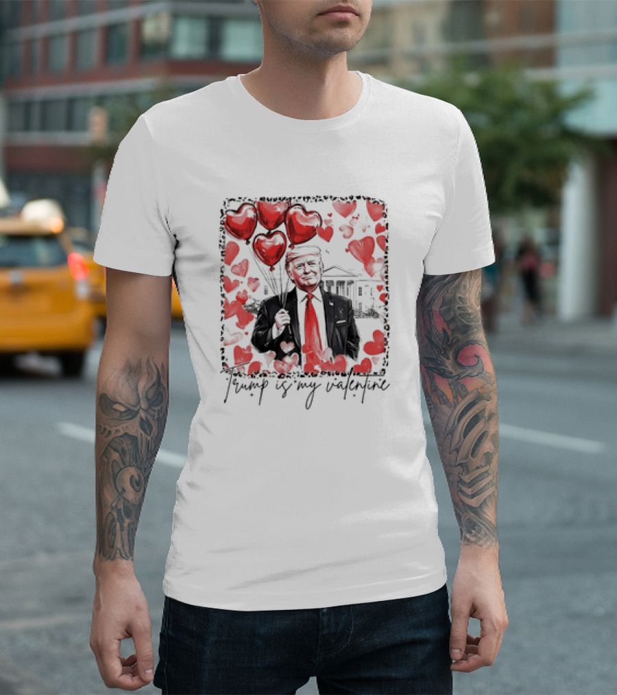 Trump Holding Heart Balloons Valentine with White House in Background T-Shirt