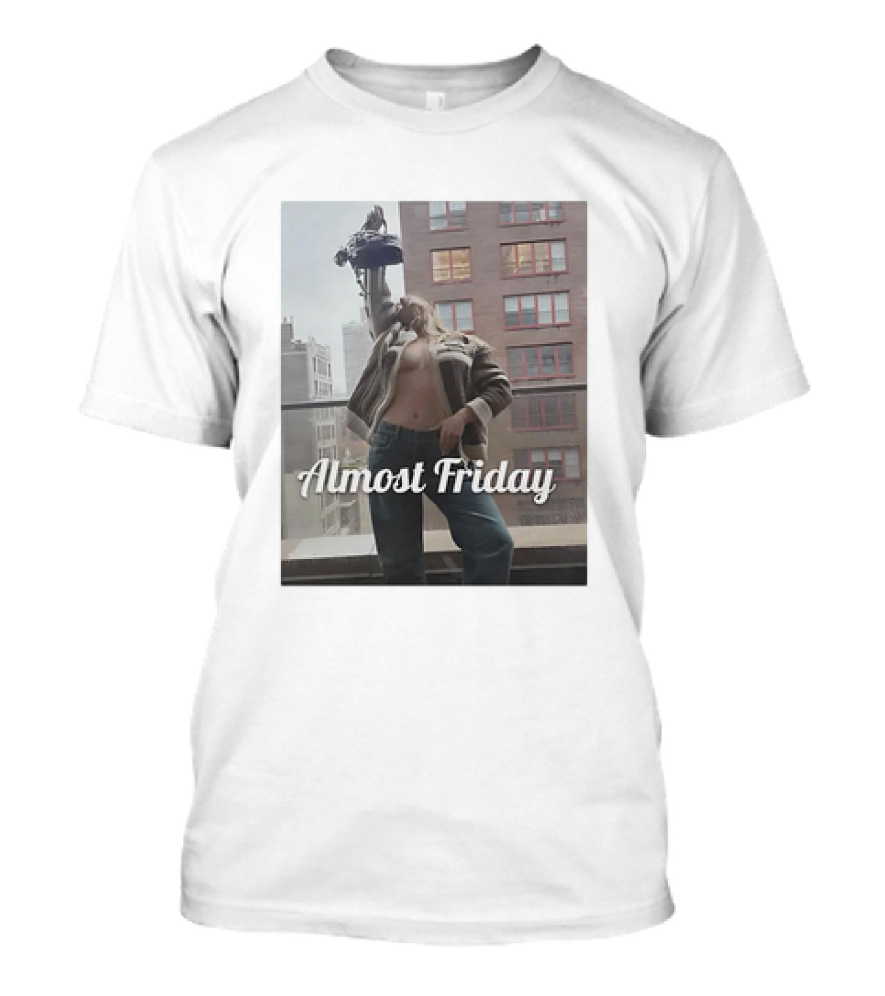 Almost Friday Sydney Sweeney Holding Handbag Urban Balcony Scene T-Shirt