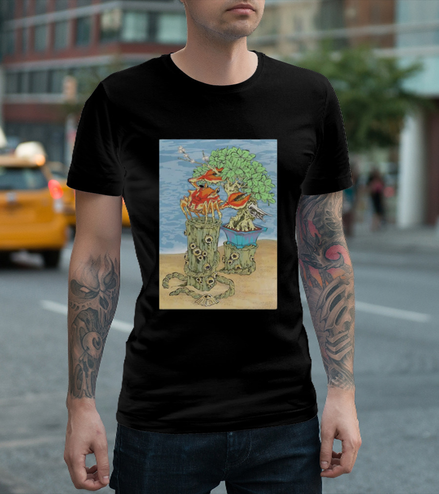 Crab Trimming Bonsai Tree on Coral Reef Background T-Shirt