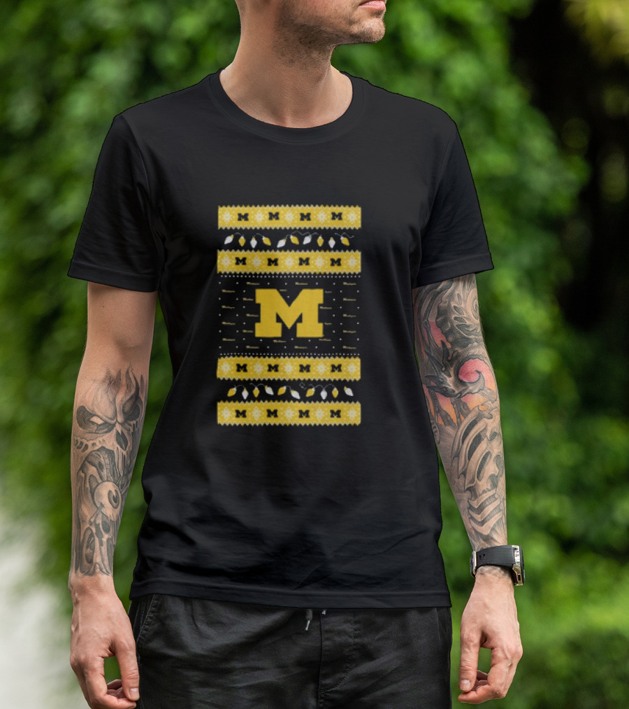Michigan Wolverines Ugly Christmas Sweater Lights T-Shirt