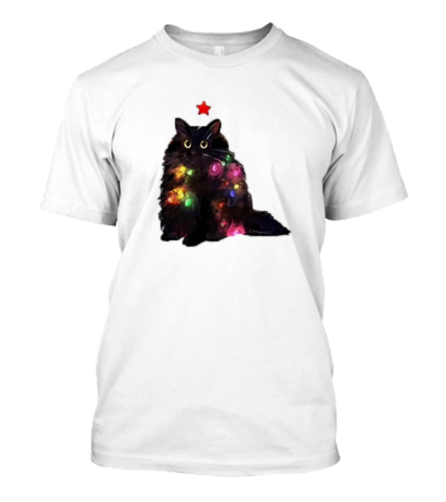 Black Cat Wrapped In Colorful Christmas Lights With Red Star T-Shirt