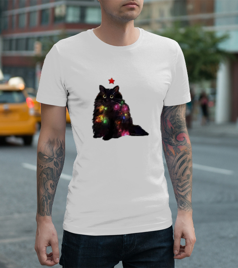 Black Cat Wrapped in Colorful Christmas Lights with Red Star T-Shirt