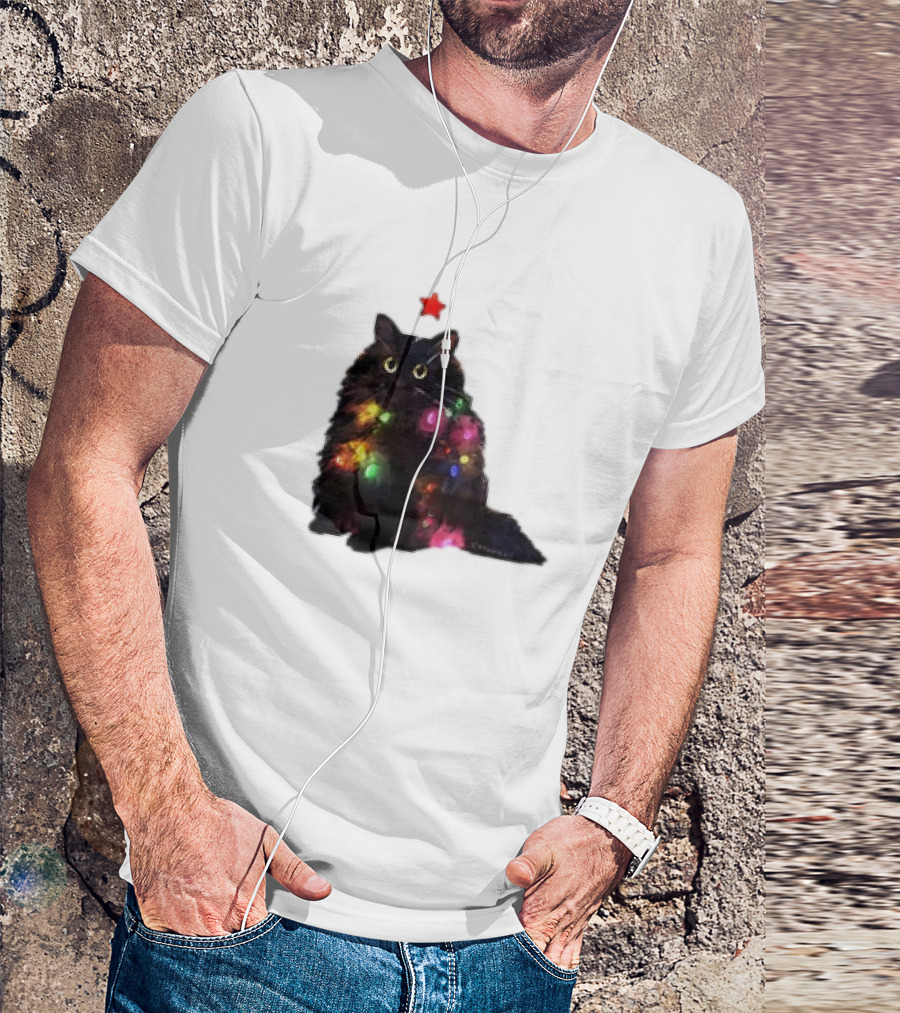 Black Cat Wrapped In Colorful Christmas Lights With Red Star T-Shirt