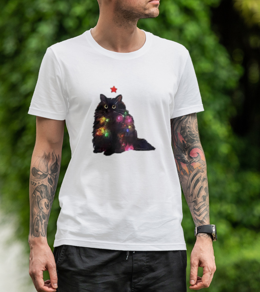 Black Cat Wrapped In Colorful Christmas Lights With Red Star T-Shirt