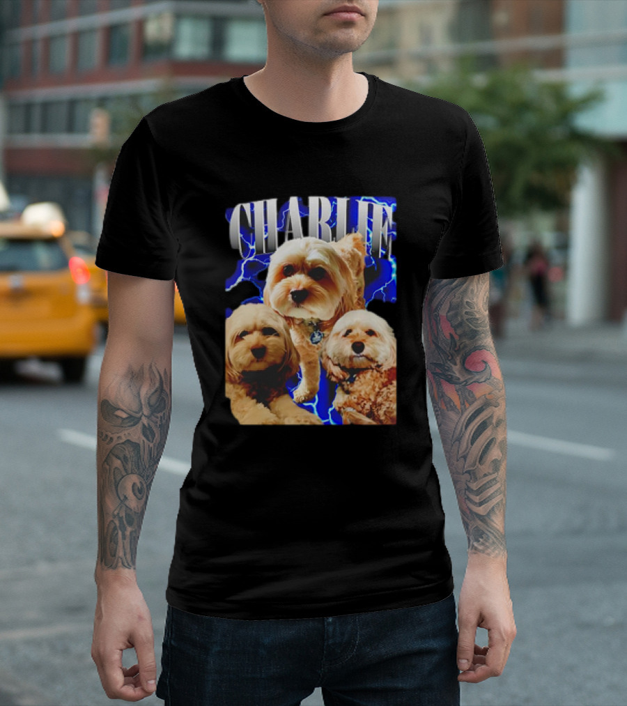 Charlie Three Dogs Blue Lightning Background T-Shirt