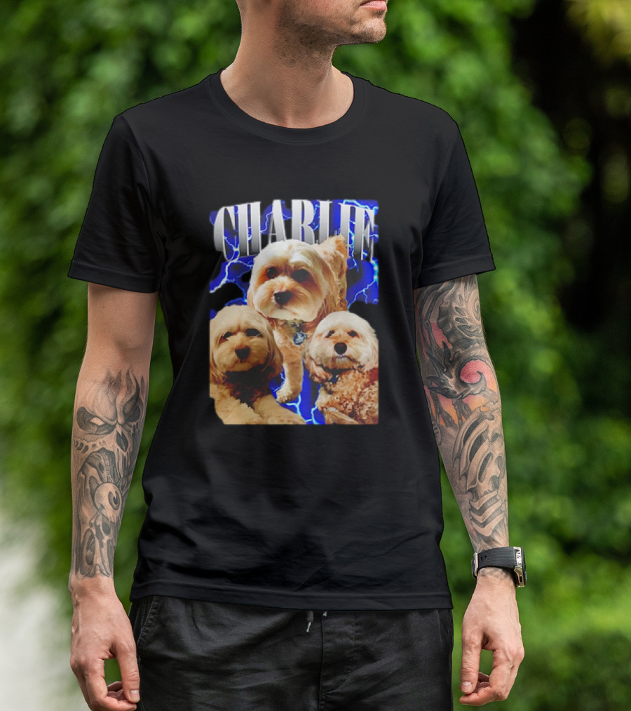 Charlie Three Dogs Blue Lightning Background T-Shirt