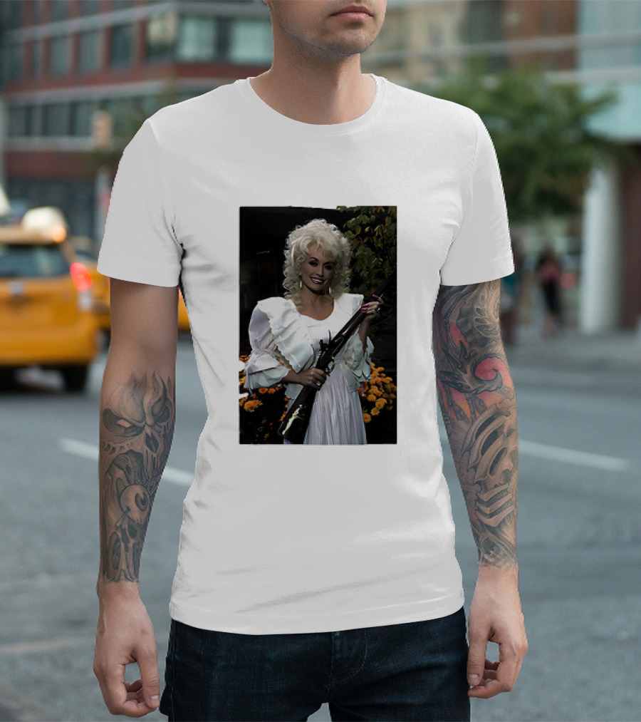 Dolly Parton Holding Rifle with Vintage Humor T-Shirt