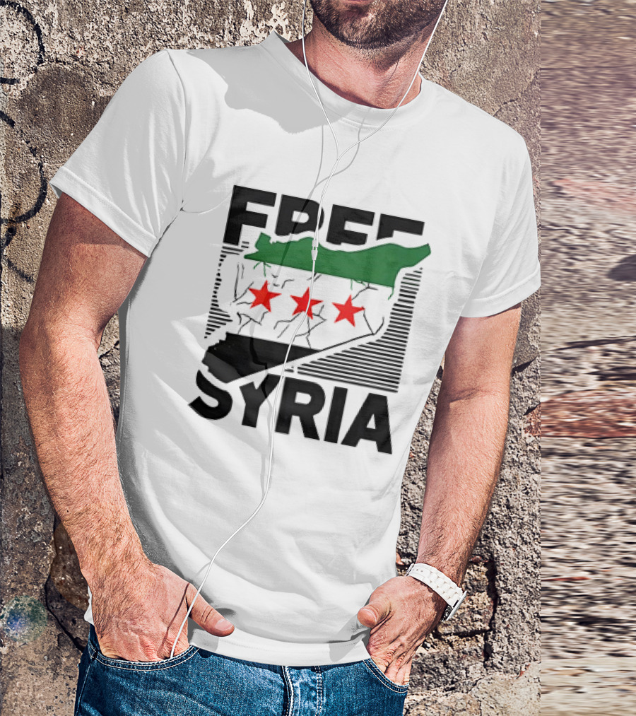Free Syria Map With Flag Stripes And Red Stars T-Shirt